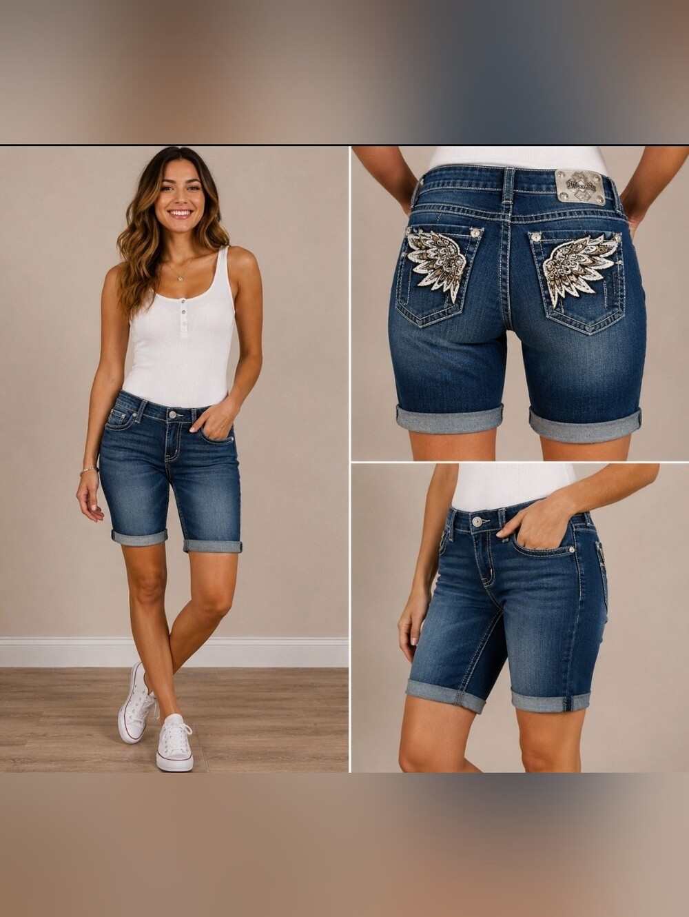 Miss Me Mid-Rise Curvy Bermuda denim shorts in women's size 26. Medium wash